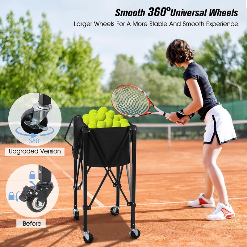 Lineslife Portable Tennis Ball Hopper Holds 200 Balls, Tennis Ball Basket Cart with 4 Wheels & Brakes, Detachable Oxford Fabric Bag for Tennis and Pickleball Training, Black - Image 2